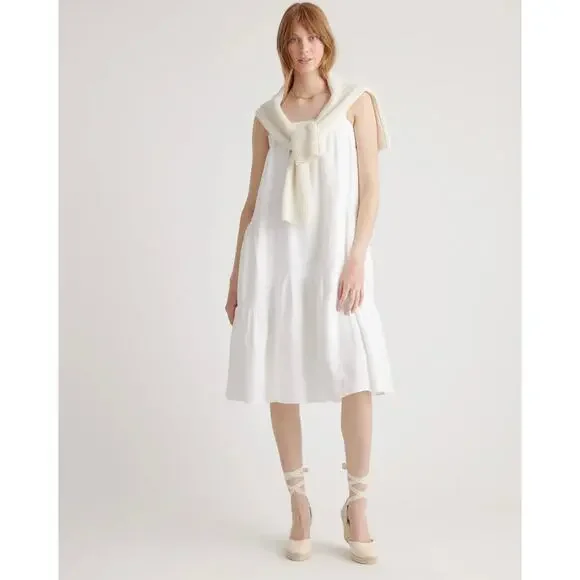 QUINCE White 100% European Linen Trapeze Midi Dress NWT Size Small - Picture 2 of 10